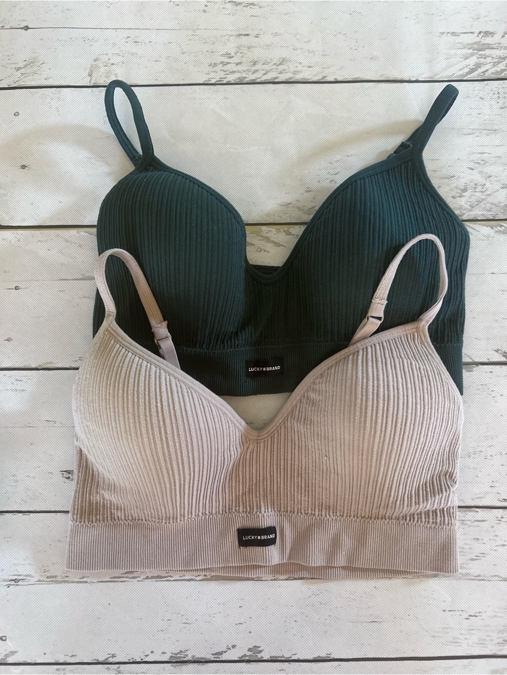 Lot of 2 Lucky Brand Women's Ribbed Bralette Sz L in Forest green & Taupe